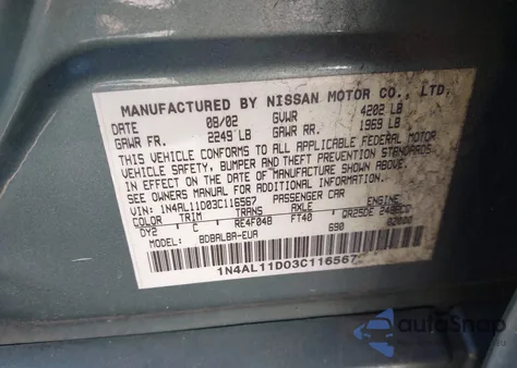 2003 Nissan Altima 2.5 S из США, поврежденный, VIN 1N4AL11D03C116567